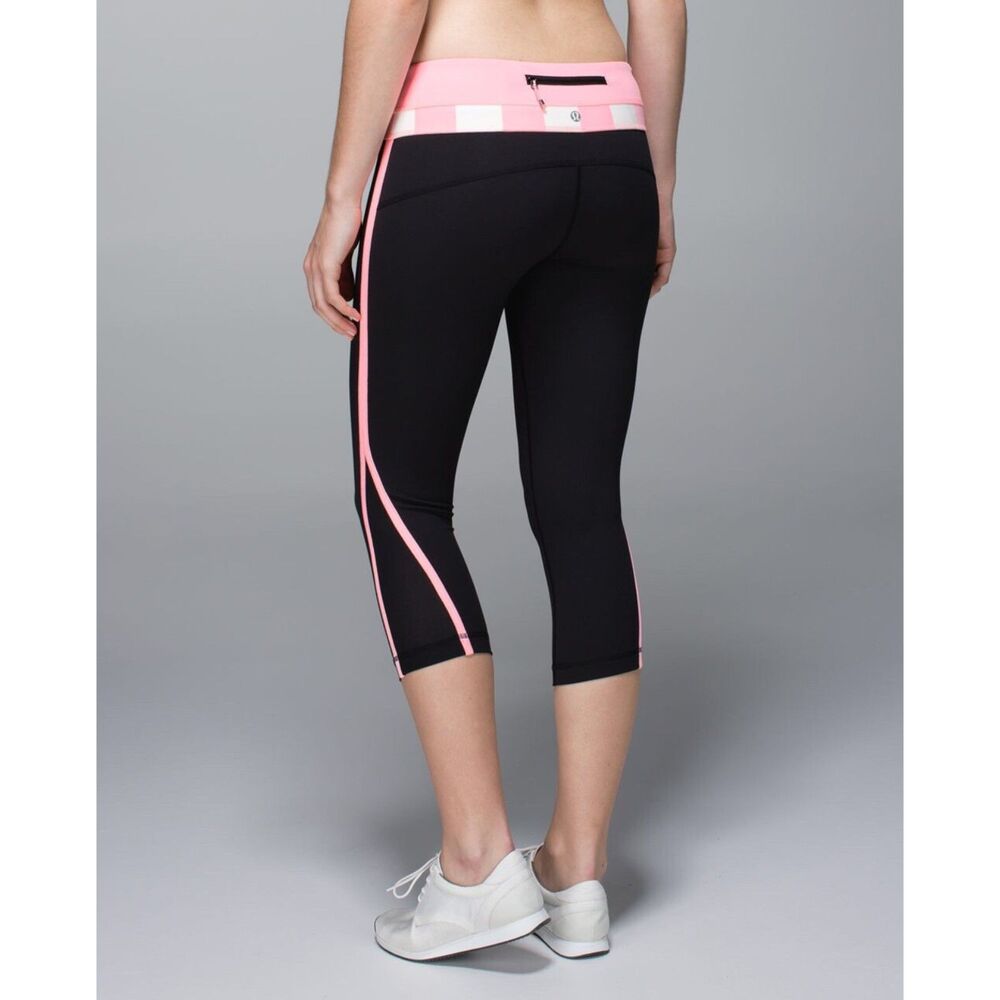 Lululemon Black Pink Cropped Capri Leggings Color Block Size 12 - Picture 2 of 7